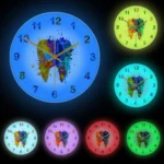 Vibrant glow-in-the-dark wall clock featuring a colorful brain illustration and splatter design, perfect for science enthusiasts and educational spaces.
