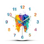 Vibrant toothbrush-shaped wall clock with splashes of bright colors, combining dental hygiene and modern decor. Perfect for a fun, educational space or dental office.