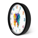 Modern wall clock with a vibrant splash of colors in an abstract design, featuring a black frame and a white background with multicolored numbers.
