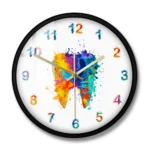 A colorful splash of paint forming an ice cream shape on a round wall clock with black frame, vibrant colors, and clear numbers, perfect for science-themed decor and educational spaces.