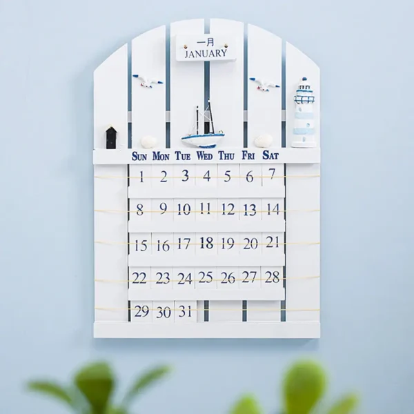 Aesthetic wooden calendar displaying January with movable date blocks, days, and month labels, perfect for educational and decorative purposes in a child's room or classroom.