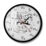 Physics wall clock featuring scientific formulas, diagrams, and symbols, ideal for science classrooms, labs, or home study areas.