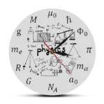 Modern wall clock featuring physics-themed illustrations, scientific formulas, and diagrams, combining educational design with functional timekeeping.
