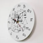Physics wall clock featuring scientific formulas, mathematical symbols, and illustrations related to physics concepts.