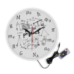 Physics wall clock with scientific formulas, symbols, and a remote control for adjustable lighting.