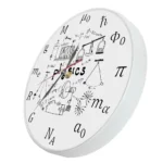Wall clock featuring physics illustrations, formulas, and scientific symbols, ideal for science enthusiasts and educational settings.