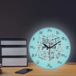 Physics wall clock with scientific formulas, symbols, and illustrations for educational decor.