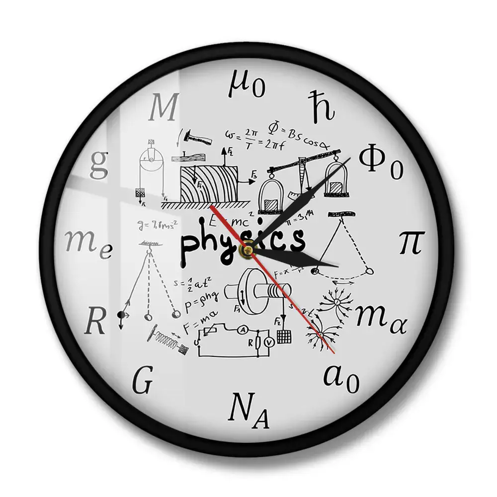 Physics-themed wall clock with scientific formulas and diagrams, perfect for science enthusiasts and educational decor. Physics wall clock featuring scientific formulas, diagrams, and symbols, ideal for science classrooms, labs, or home study areas.