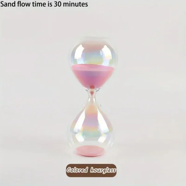 Sand flow hourglass with pink sand, demonstrating a 30-minute timer for science and educational purposes.