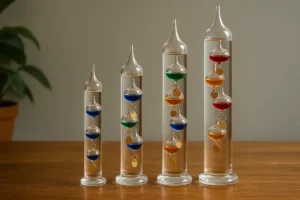 Colorful glass science experiment tubes with liquid and floating spheres.