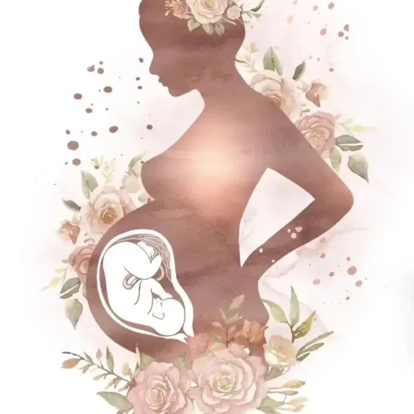Artistic silhouette of a pregnant woman with floral accents and a fetus illustration, symbolizing pregnancy and prenatal development.