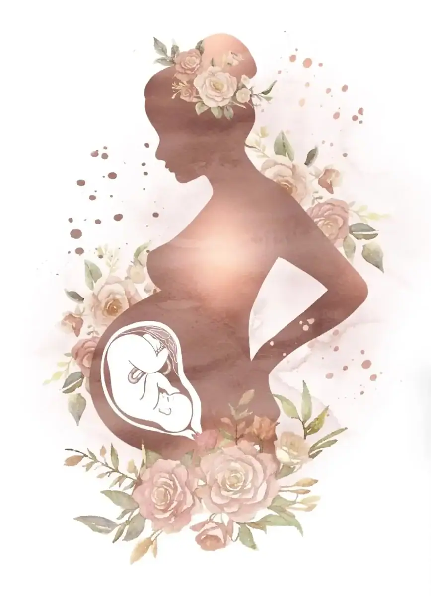 Pregnancy and Fetus Illustration Artistic silhouette of a pregnant woman with floral accents and a fetus illustration, symbolizing pregnancy and prenatal development.