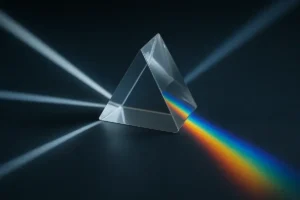 Transparent triangular prism dispersing white light into a spectrum of colors, demonstrating light refraction and dispersion principles.