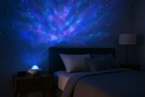 A starry sky projector illuminating a bedroom wall with vibrant blue and purple nebula patterns, creating a calming and magical atmosphere.