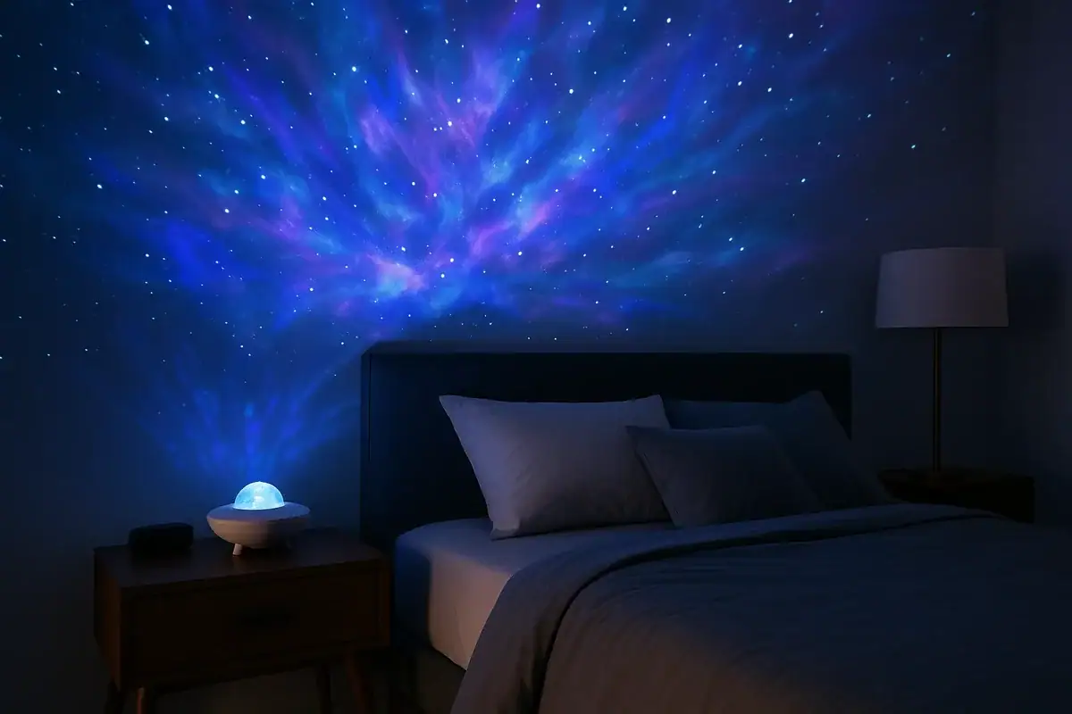 A starry sky projector illuminating a bedroom wall with vibrant blue and purple nebula patterns, creating a calming and magical atmosphere.