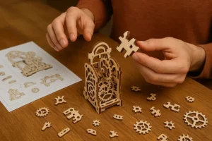 Educational wooden gear puzzle for kids and adults, featuring a mechanical clock design.
