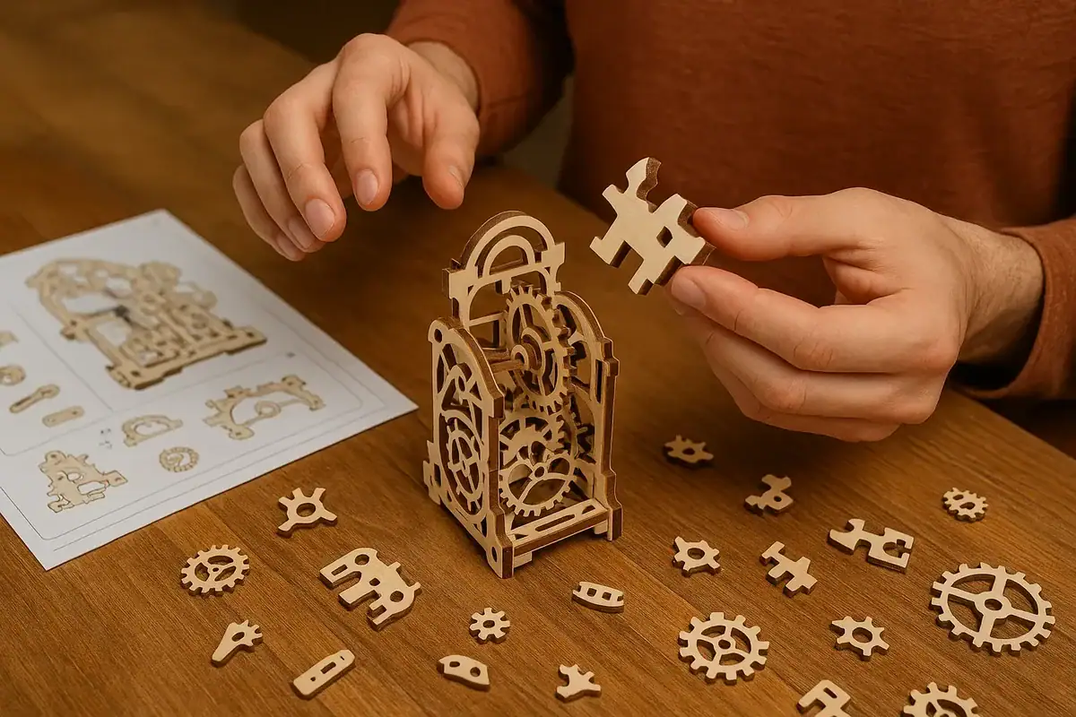 Educational wooden gear puzzle for kids and adults, featuring a mechanical clock design.
