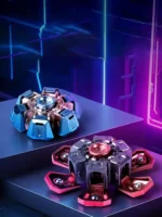 Two advanced hexapod robot toys with LED lights, futuristic design, and multiple articulating legs, displayed on a sleek black platform in a neon-lit sci-fi environment.