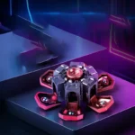 Futuristic quantum magnetic levitation device with glowing pink and purple accents, showcasing advanced science technology in a dark, neon-lit environment.