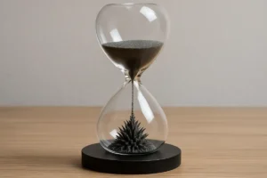 Sand timer with black sand in a clear glass hourglass, featuring a spiky ball at the base, placed on a wooden surface.