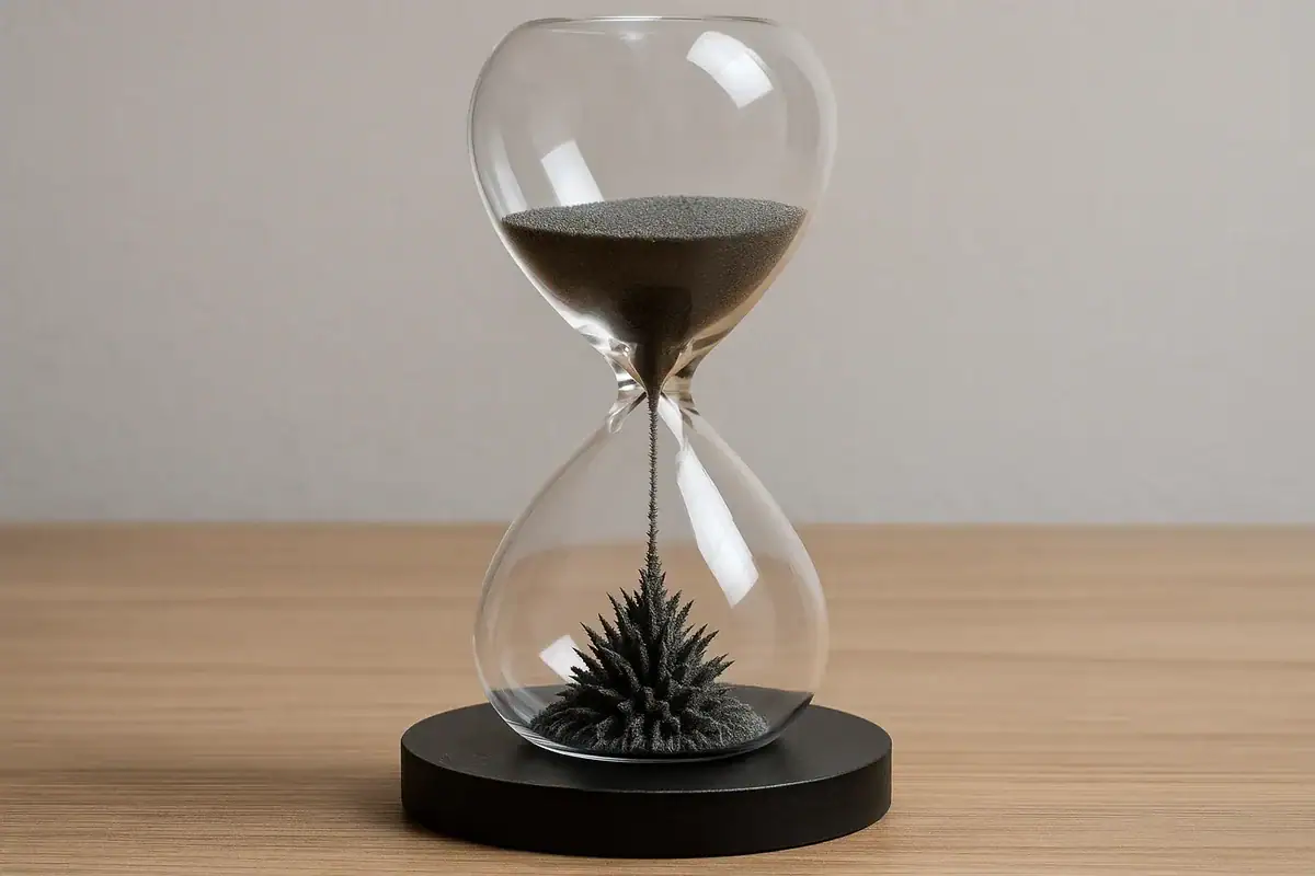 Sand timer with black sand in a clear glass hourglass, featuring a spiky ball at the base, placed on a wooden surface.