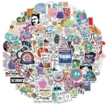 Colorful collage of science-themed stickers including test tubes, microscopes, atoms, and scientific symbols.