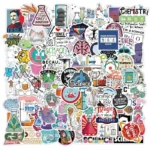 Innovative science-themed stickers featuring chemistry, physics, biology, and space elements for decor and educational purposes.