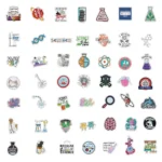 Innovative science-themed stickers featuring laboratory equipment, scientific symbols, and educational motifs for decorating and inspiring curiosity.