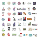 Educational science stickers for kids and adults, featuring chemistry, biology, physics, and science-themed designs for decoration and learning.