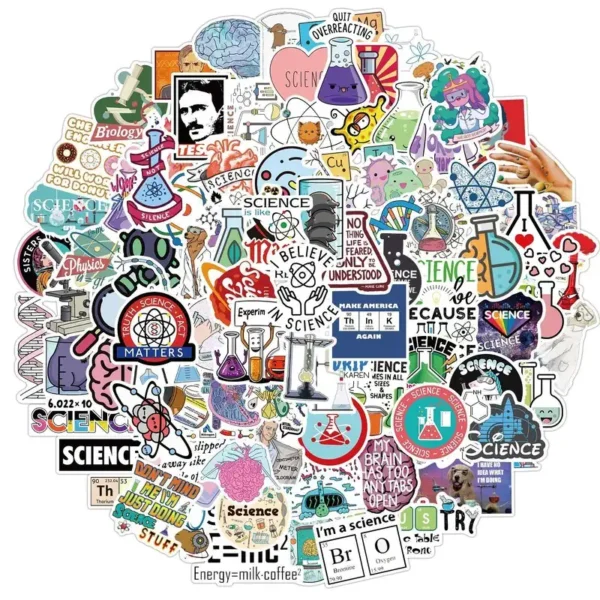 Colorful collage of science-themed stickers including test tubes, microscopes, atoms, and scientific symbols.