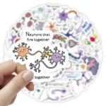 Hand holding a sticker illustrating neurons that fire together, with colorful neuron drawings and the phrase "Neurons that fire together" for educational purposes.