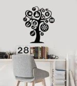 A creative wall decal of a science-themed tree with icons representing chemistry, physics, biology, and astronomy, displayed above a modern desk with books and educational tools.