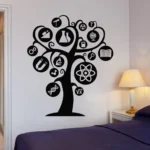A black wall decal of a tree with science-themed icons, including a microscope, test tubes, DNA, atom, and globe, perfect for a science-themed room or educational space.