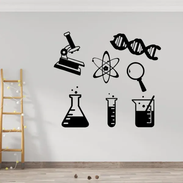 Decorative wall decals featuring science icons like a microscope, DNA strand, atom, magnifying glass, flask, test tube, and beaker, perfect for a science-themed room or educational space.