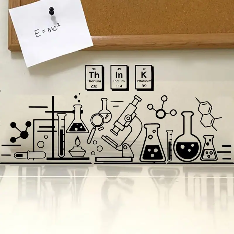 Scientific laboratory illustration with chemical equipment and the E=mc^2 formula. Laboratory science decor featuring test tubes, beakers, and molecular models with a chalkboard displaying the famous Einstein equation.