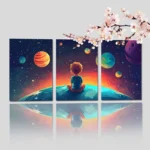 A young child sitting on a planet, gazing at colorful planets and stars in a vibrant space scene, with cherry blossoms in the foreground.