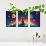 Colorful three-panel space-themed wall art featuring a child sitting on a planet, gazing at planets and stars in a vibrant galaxy scene, perfect for children's rooms or educational spaces.