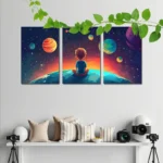 Child sitting on Earth observing colorful planets and stars in outer space, vibrant cosmic scene, educational space-themed artwork for kids.