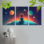 Colorful space-themed artwork featuring a child sitting on Earth, surrounded by planets and stars, perfect for science decor and educational spaces.