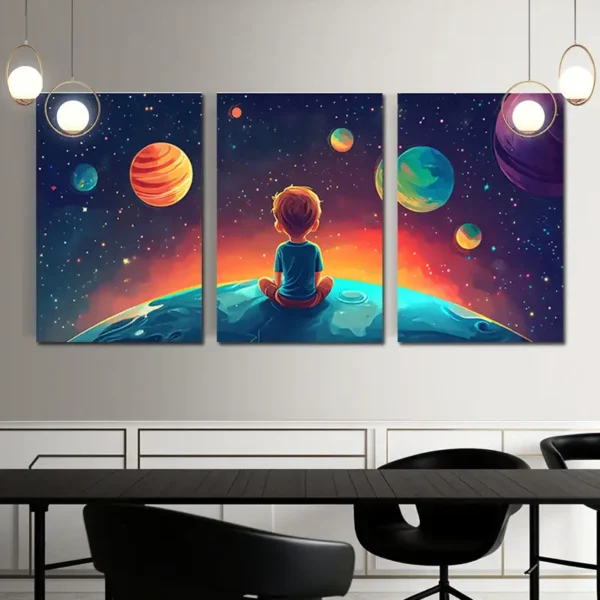 Young child sitting on a colorful space-themed canvas triptych artwork, depicting planets and stars, perfect for science decor and educational spaces.