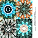 Colorful kaleidoscope patterns with symmetrical geometric shapes and bright hues.