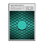 Educational poster illustrating the general theory of relativity with a geometric grid and a central sphere, ideal for science decor and educational purposes.