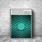Educational poster illustrating Einstein's General Theory of Relativity with a grid and a sphere representing spacetime curvature.