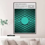 Relativity theory poster with geometric grid and central sphere illustrating spacetime curvature.