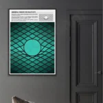 Educational poster illustrating the general theory of relativity with a visual of spacetime curvature and a planet, suitable for science decor and educational settings.