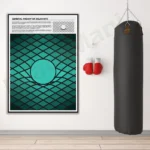 High-quality science-themed decor with a physics poster, boxing gloves, and a punching bag for a modern educational space.