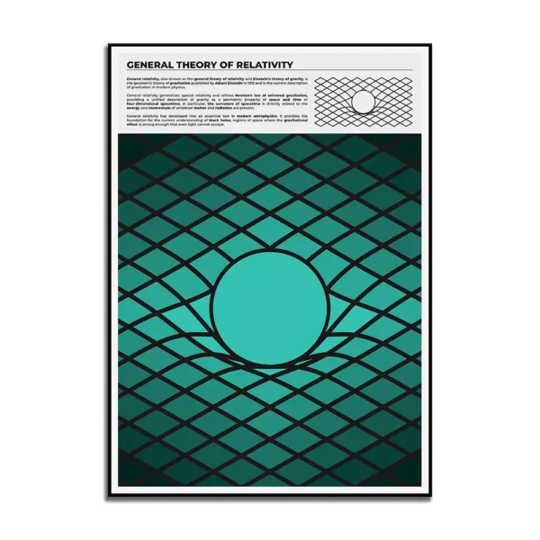 Educational poster illustrating the general theory of relativity with a geometric grid and a central sphere, ideal for science decor and educational purposes.