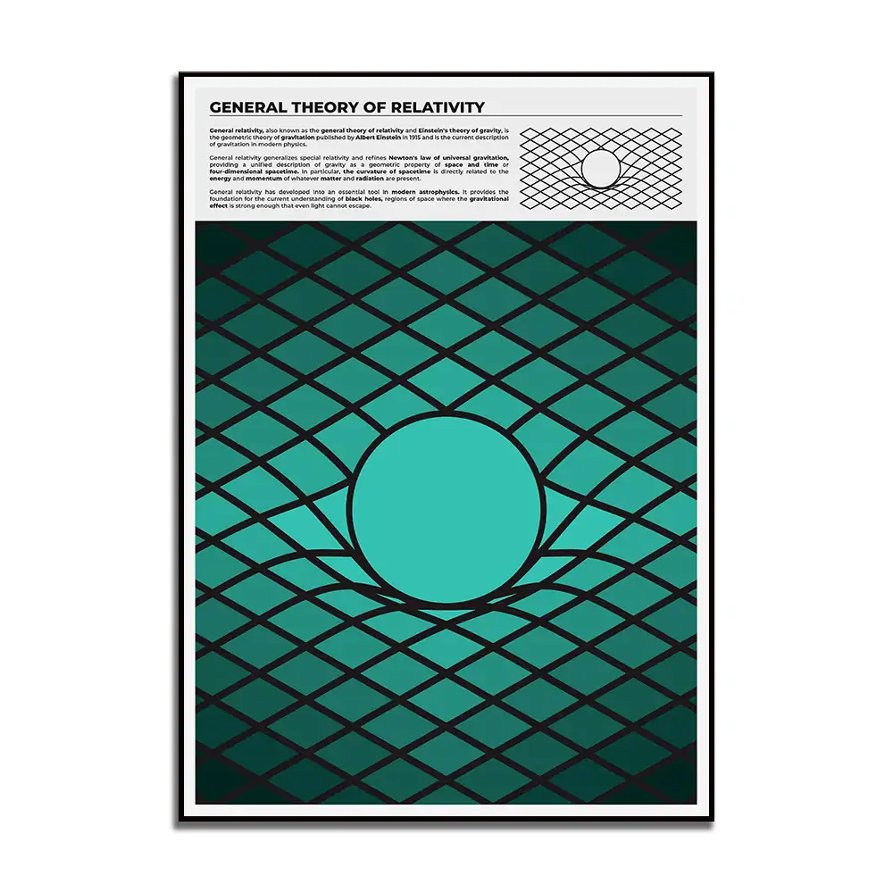 Educational poster illustrating the general theory of relativity with a geometric grid and a central sphere, ideal for science decor and educational purposes.