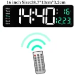 Digital wall clock showing time, date, and temperature with remote control for easy adjustments.