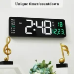 Modern digital timer and clock with countdown and day display, perfect for home decor, study rooms, or educational settings. Features a sleek black design with green and white digital readouts.